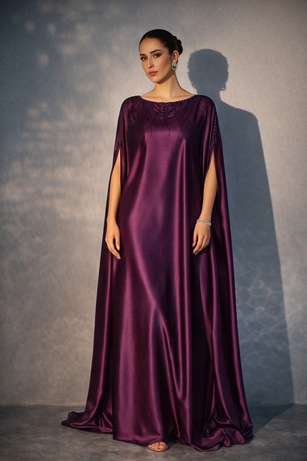 ILARA Liquid Satin — plum satin cape kaftan