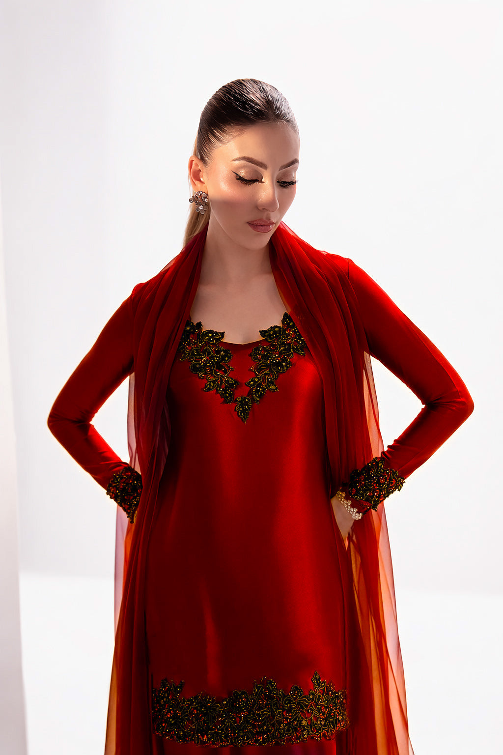 ILARA The Morning Room — Cherry red satin embroidered set