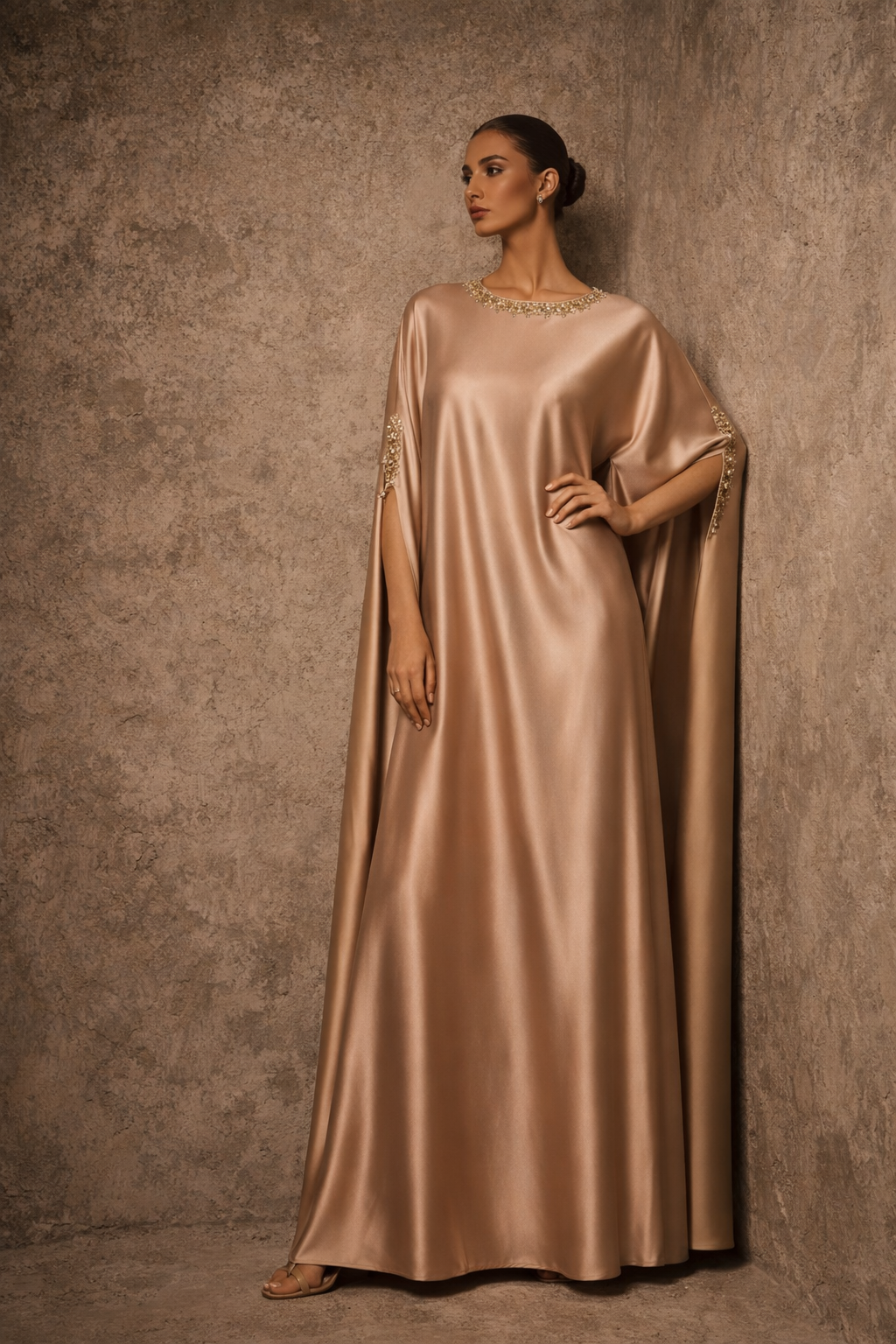ILARA The Drape — champagne satin cape kaftan