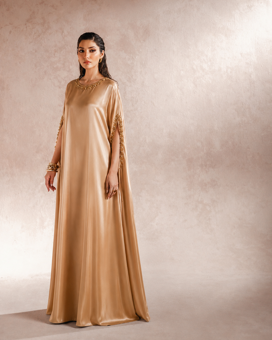 ILARA Sandstone — gold satin embellished kaftan