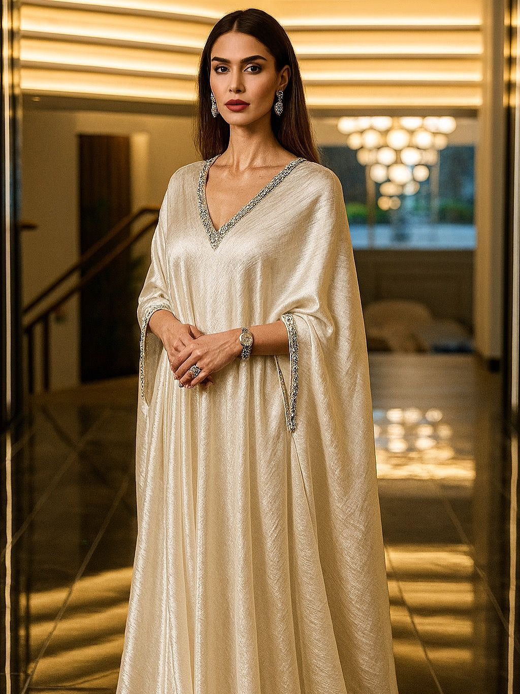 Woman in a beige evening gown with intricate detailing going for eid