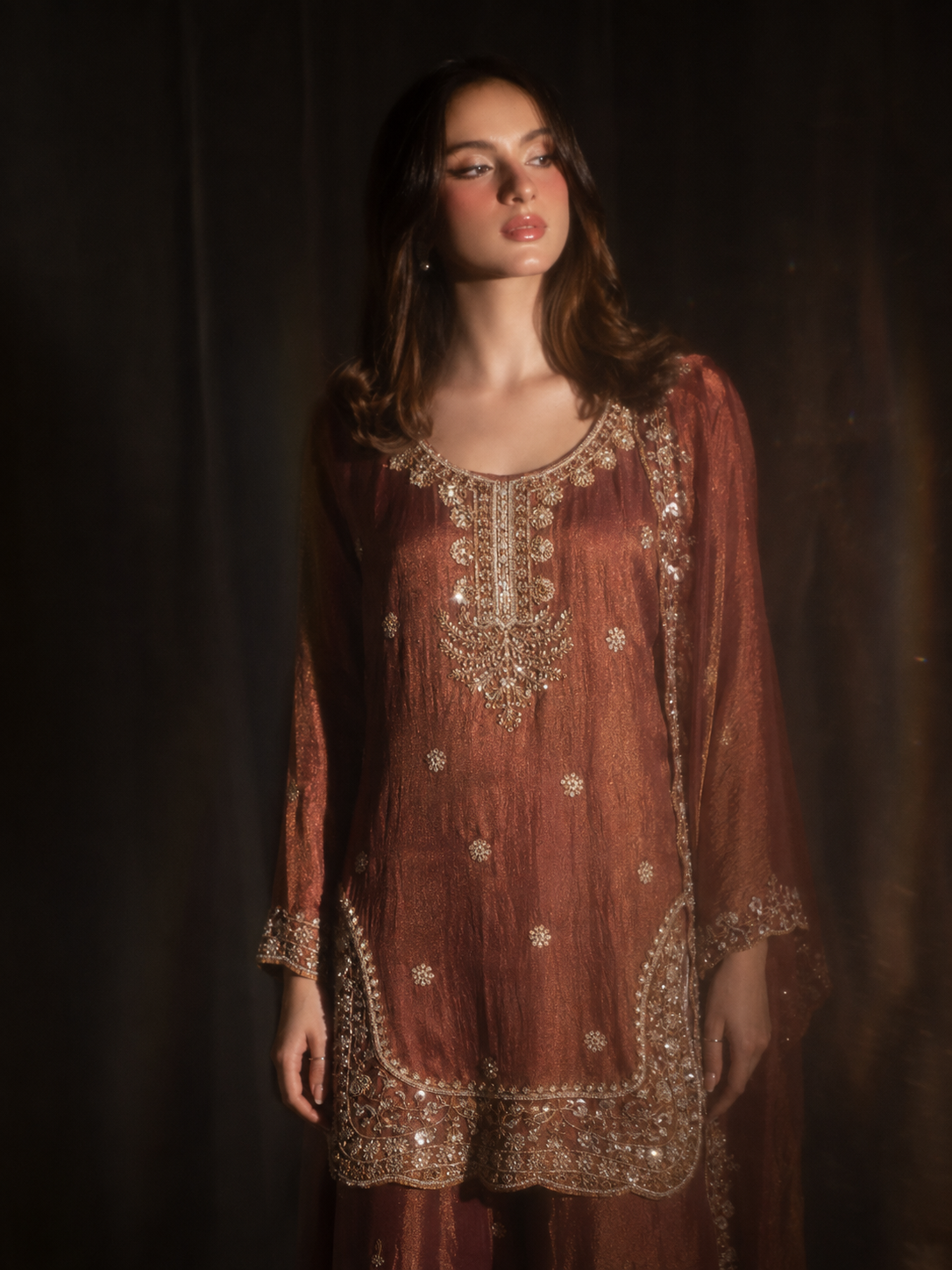ILARA Ambreen rust three-piece set showing dupatta drape
