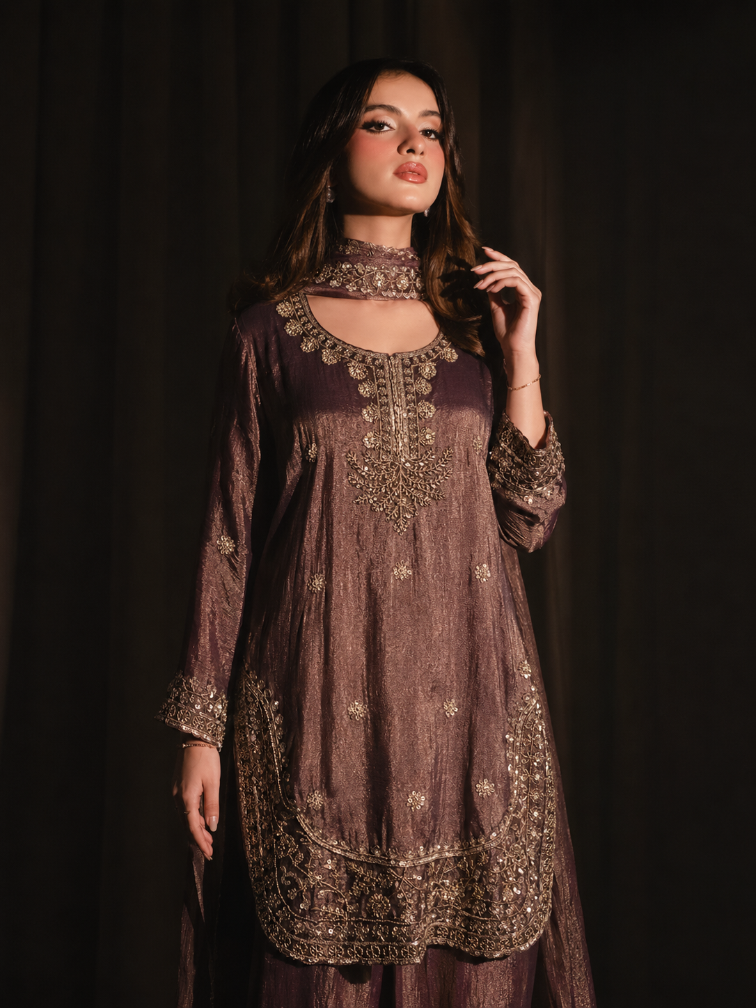 Nayab plum tissue silk kameez with embroidered neckline and cuffs
