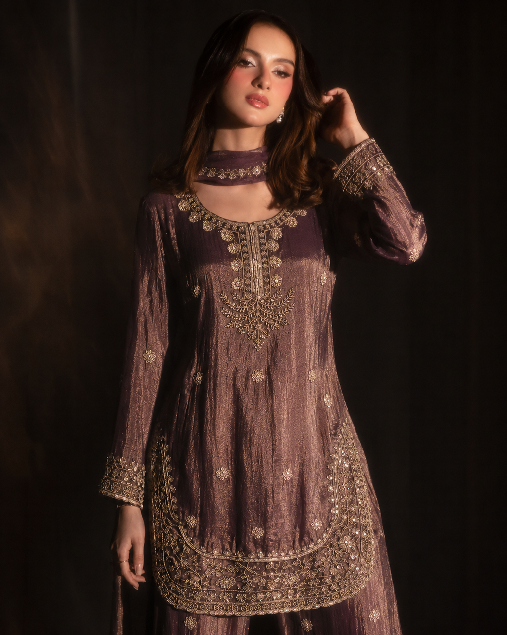 Nayab three piece set front view showing zardozi neckline and embroidered hem border