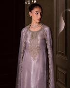 Meher kurta set in lilac tissue silk with antique champagne zardozi embroidery by ILARA