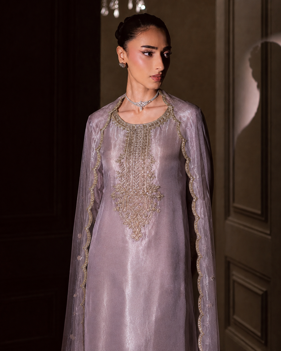 Meher kurta set in lilac tissue silk with antique champagne zardozi embroidery by ILARA