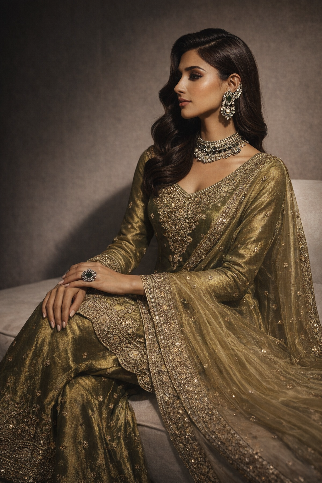 Olive Green Embroidered Sharara Set with Dupatta