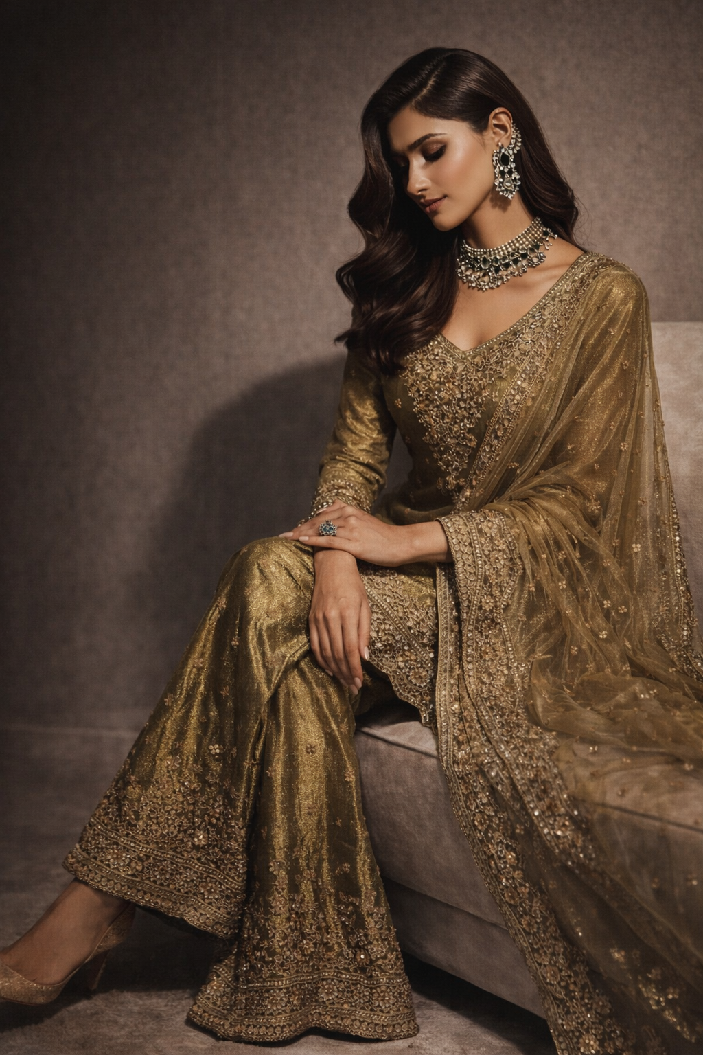 Olive Green Embroidered Sharara Set with Dupatta