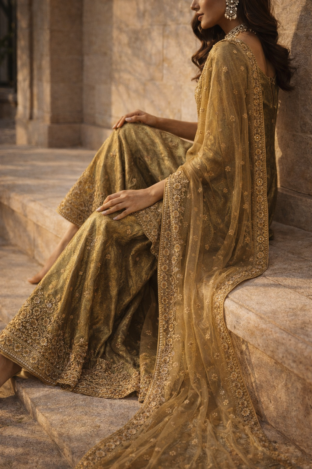 Olive Green Embroidered Sharara Set with Dupatta