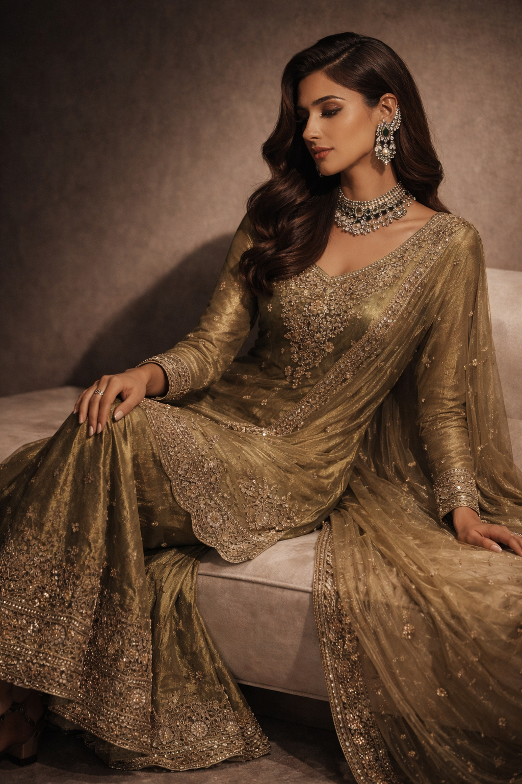 Olive Green Embroidered Sharara Set with Dupatta