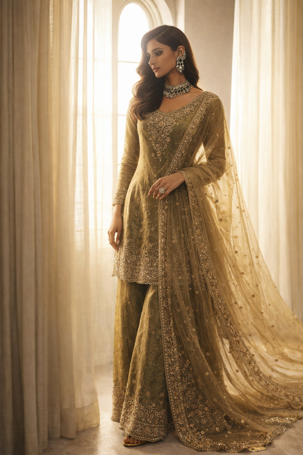 Olive Green Embroidered Sharara Set with Dupatta