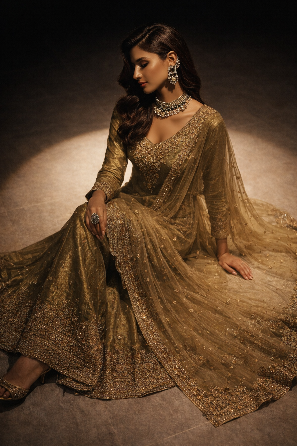 Olive Green Embroidered Sharara Set with Dupatta