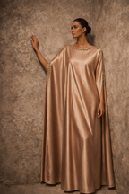 Champagne satin kaftan dress with embellished neckline