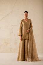 ILARA Zarina bronze striped raw silk three-piece Pakistani suit, full front view