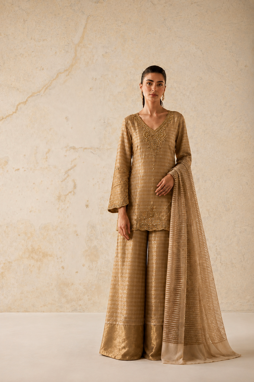 ILARA Zarina bronze striped raw silk three-piece Pakistani suit, full front view