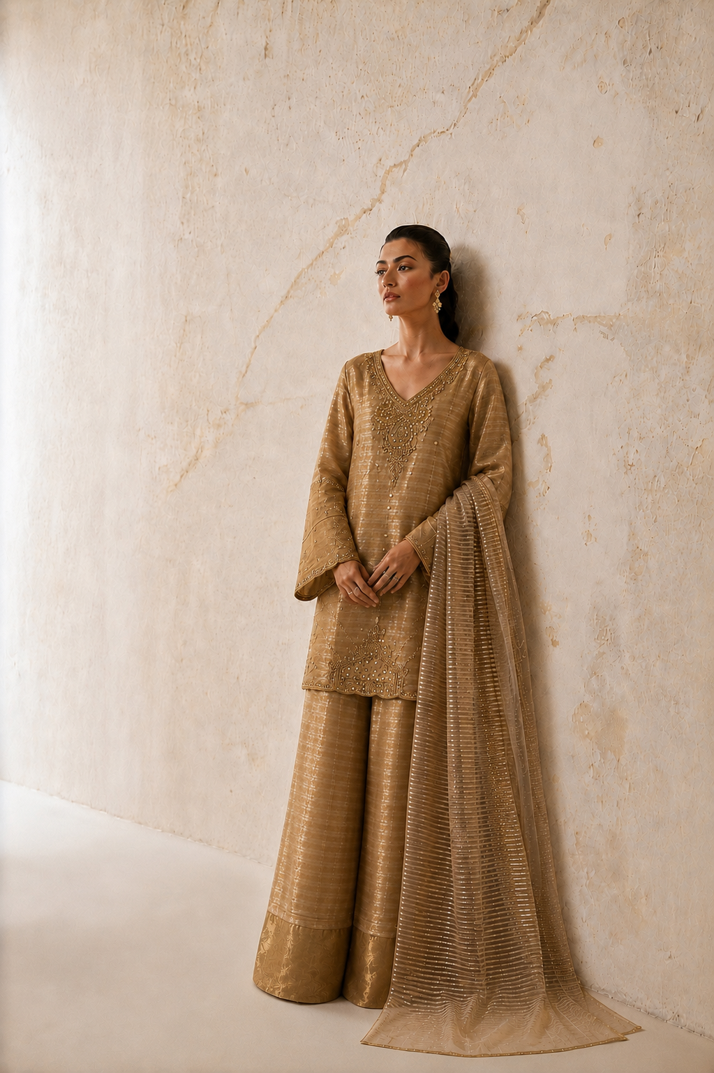 Bronze woven stripe detail on raw silk kameez, ILARA occasion wear