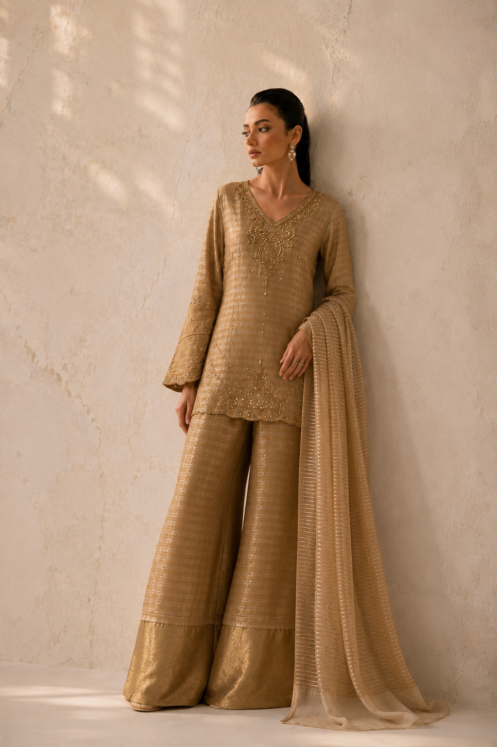 Bronze stripe raw silk kameez and dupatta, ILARA Zarina three-piece set