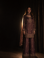 Nayab plum tissue silk three piece set — full length front view with draped dupatta