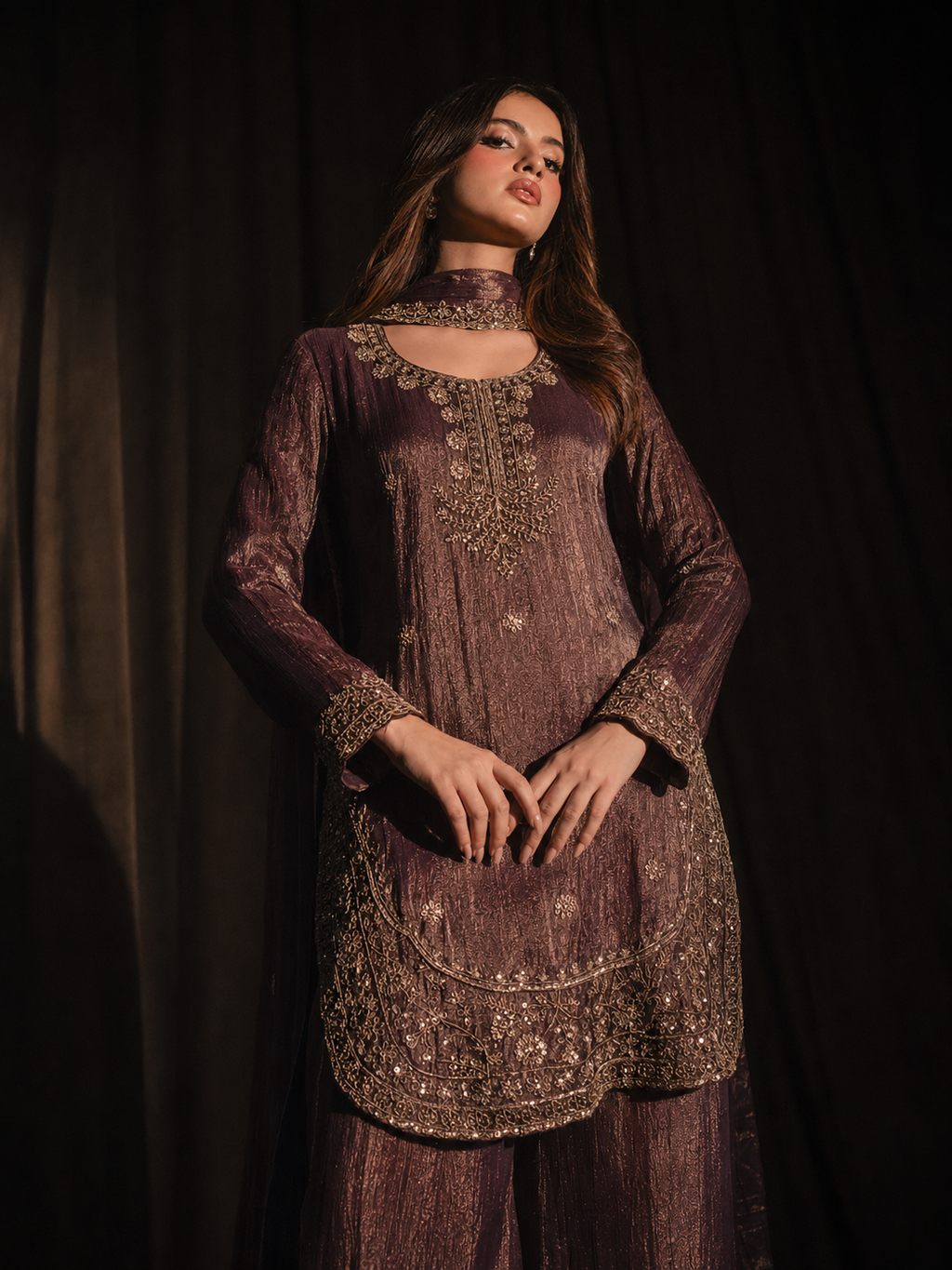 Nayab kameez front detail showing antique gold hand embroidery and scalloped hem