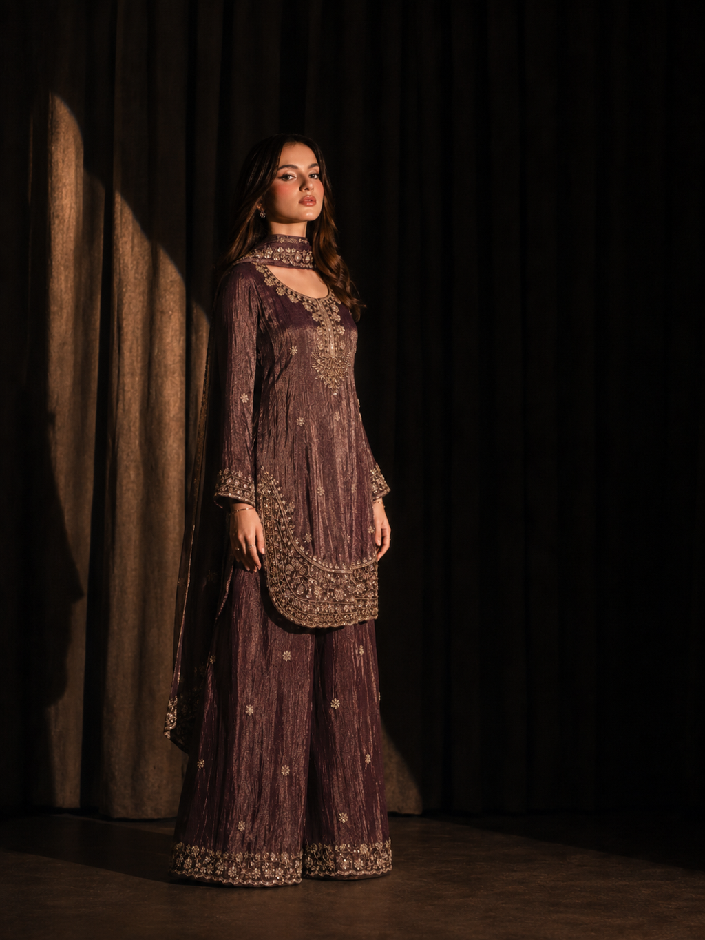 Nayab plum tissue silk three piece set with hand-embroidered kameez, palazzo and dupatta — full length