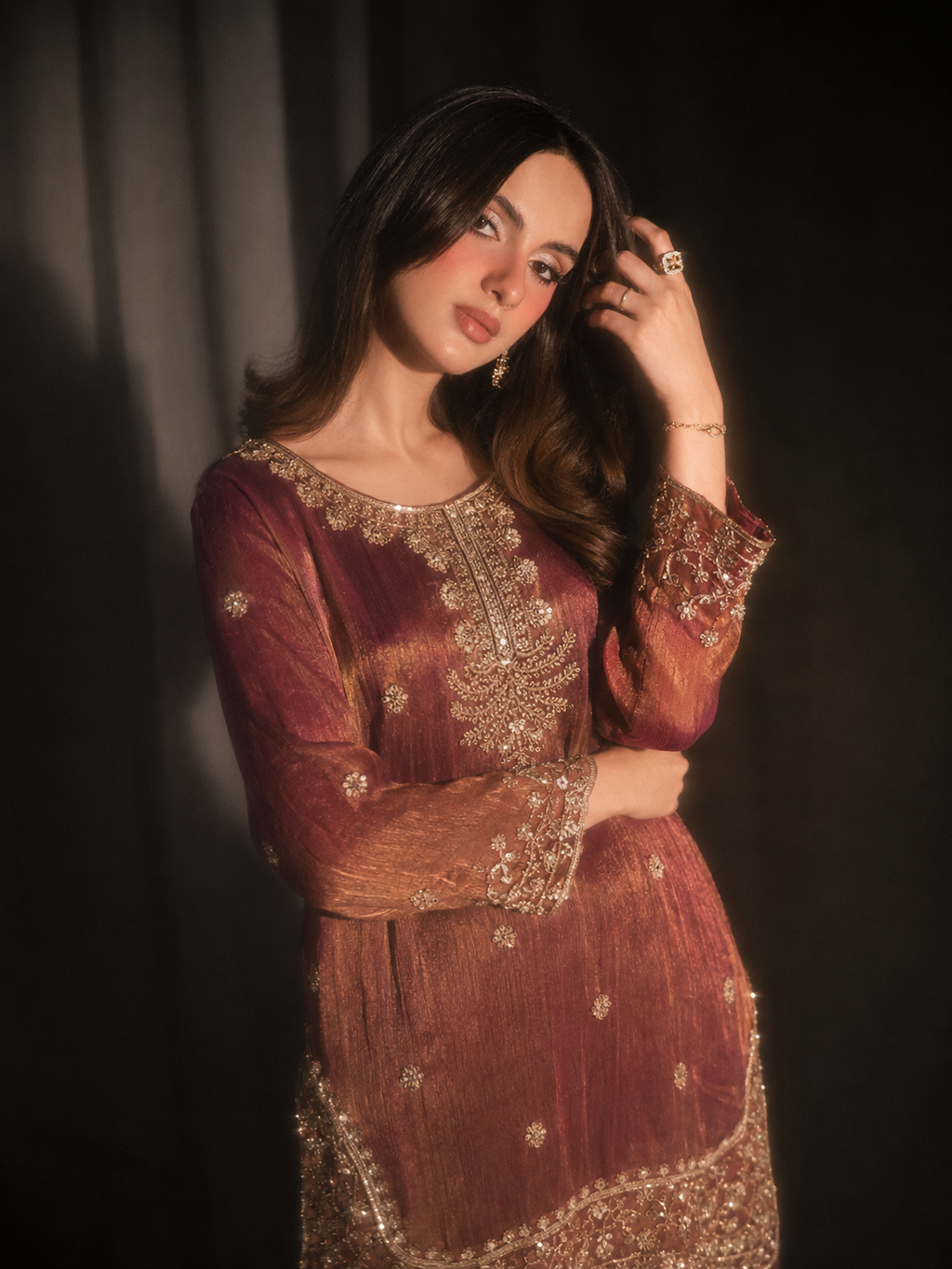ILARA Ambreen rust raw silk three-piece Pakistani formal suit, full front view