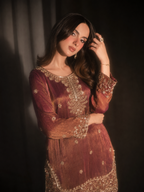 ILARA Ambreen rust raw silk three-piece Pakistani formal suit, full front view