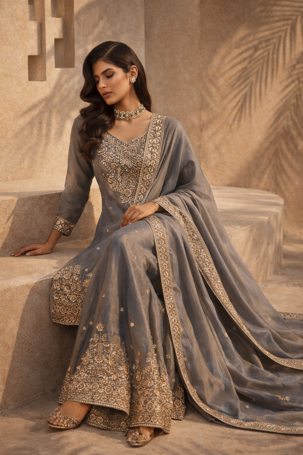 Steel Blue Embroidered Sharara Set with Dupatta