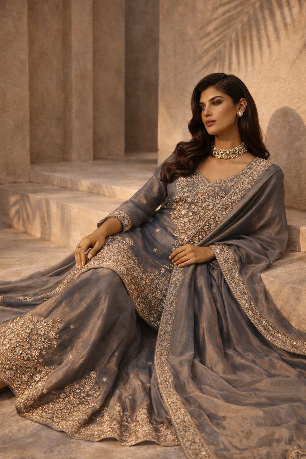 Steel Blue Embroidered Sharara Set with Dupatta
