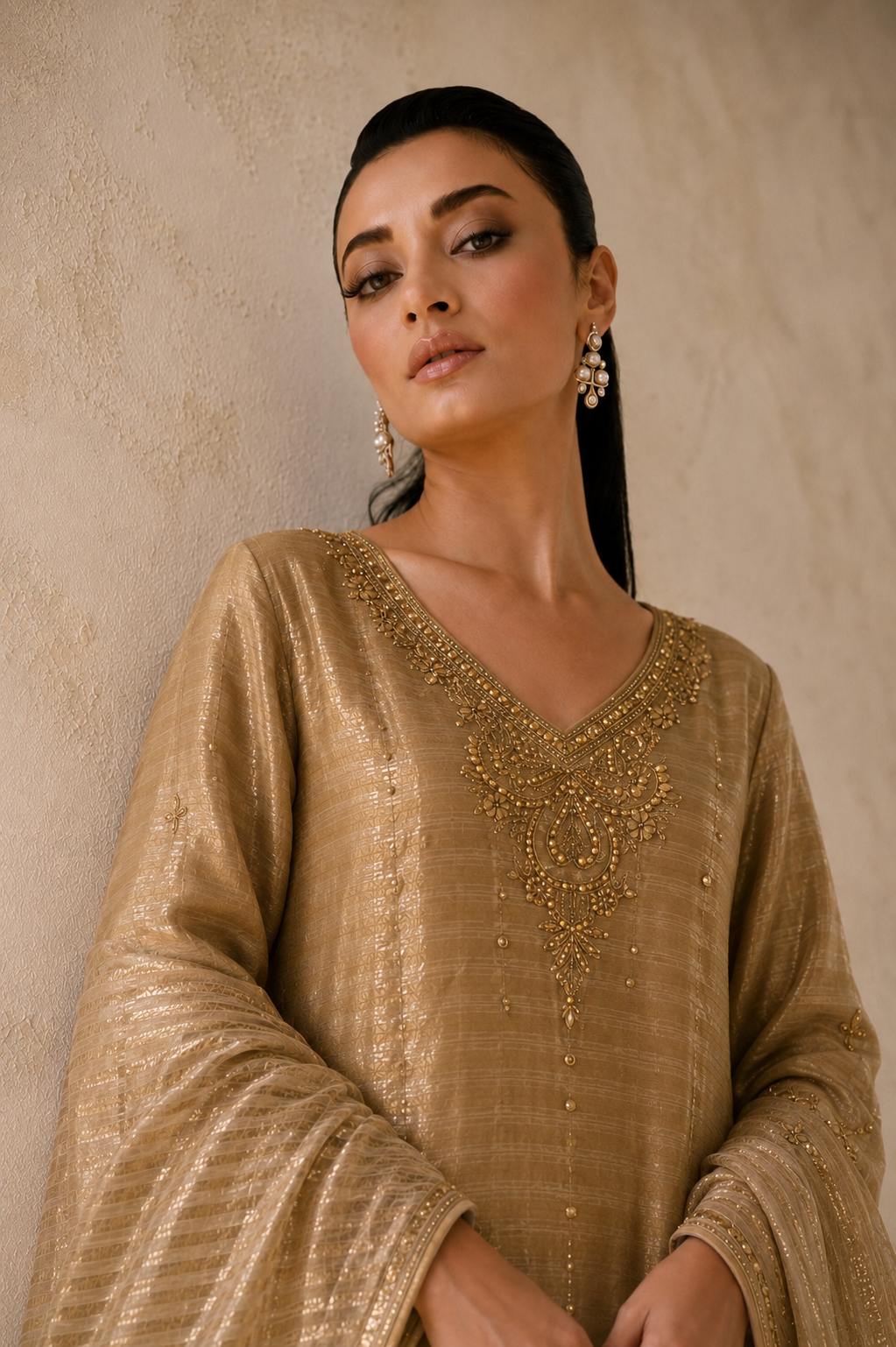 Bronze striped raw silk dupatta drape, ILARA Pakistani formal wear