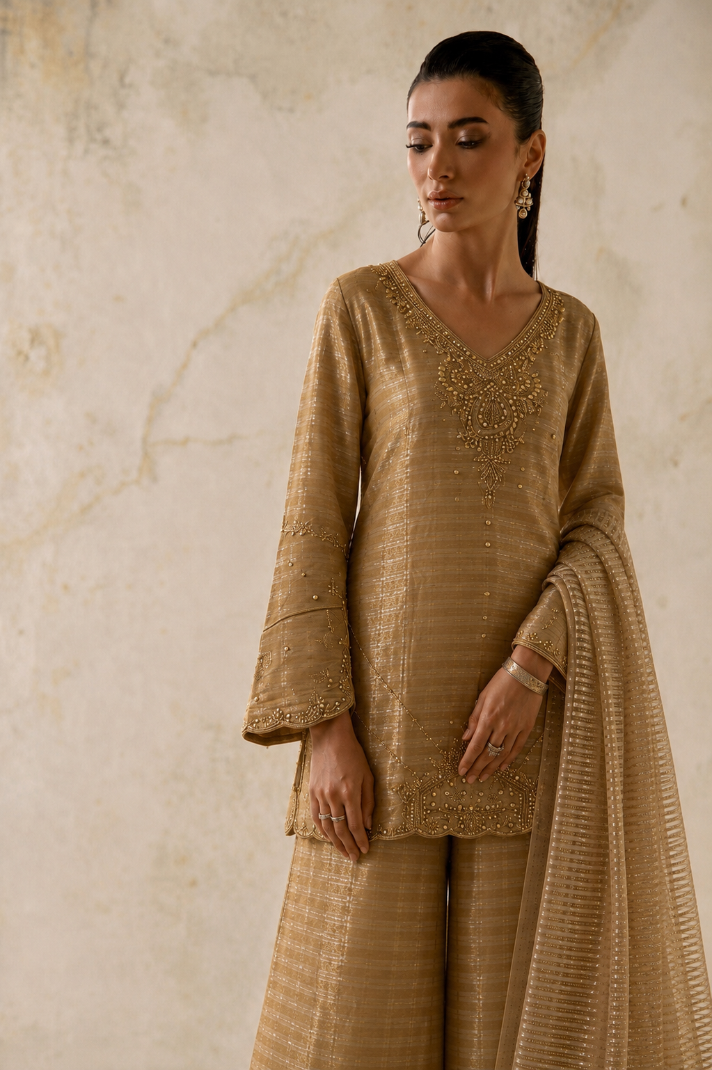 Zarina bronze striped silk suit, full-length styled view