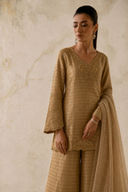 Zarina bronze striped silk suit, full-length styled view
