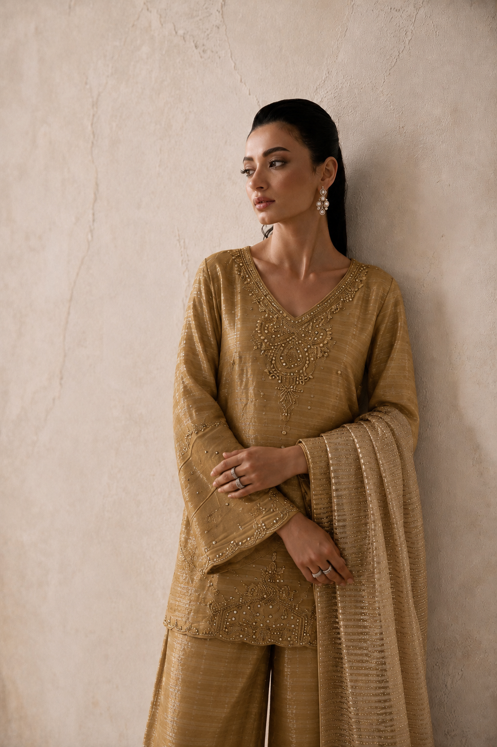 ILARA bronze stripe raw silk occasion wear, detail shot