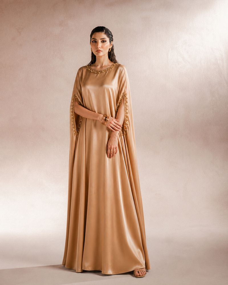 Aaira gold satin embellished kaftan, side view