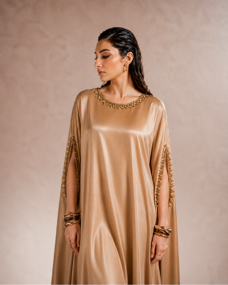 Aaira gold kaftan, embellished neckline detail