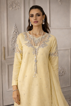 Woman wearing a light yellow embroidered traditional outfit against a decorative wall.