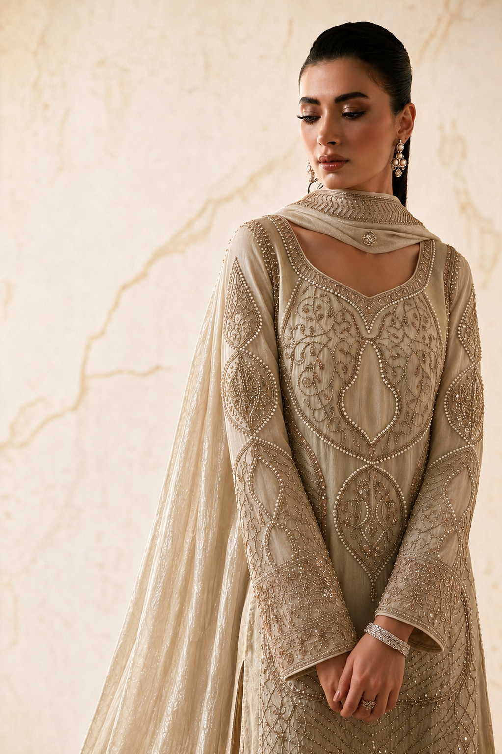 A woman wearing a beige embellished traditional outfit with intricate embroidery and a matching sheer dupatta, posed against a light beige marble-textured wall.