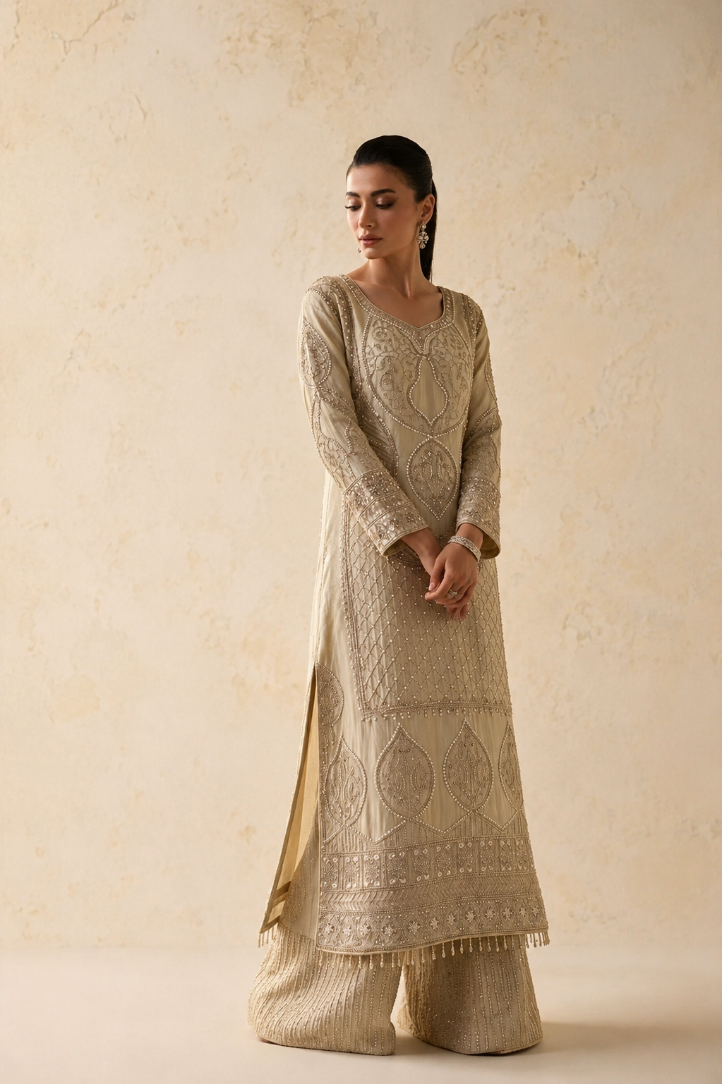 Aaina | Luxury Ivory Pakistani Three-Piece Suit