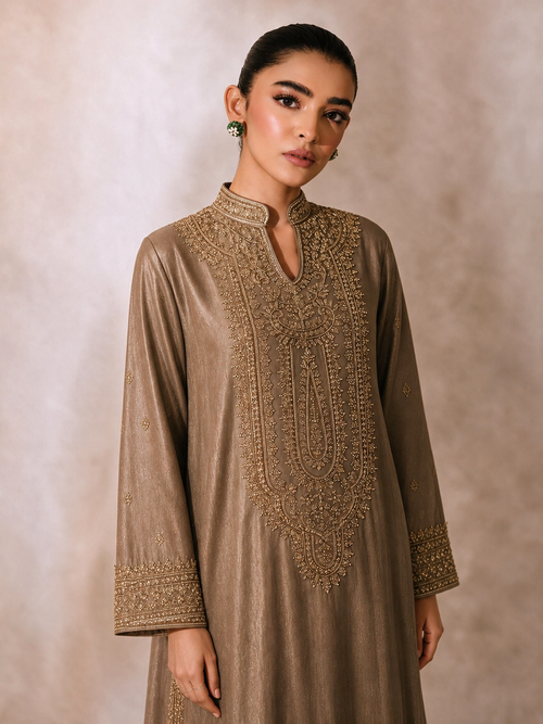 ILARA Aahana antique bronze embroidered palazzo set, front view