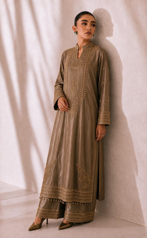 Aahana antique bronze embroidered kameez and wide-leg palazzo, detail