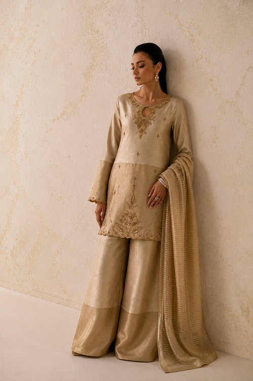 Aaila champagne ivory tissue silk suit with antique gold hand embellishment