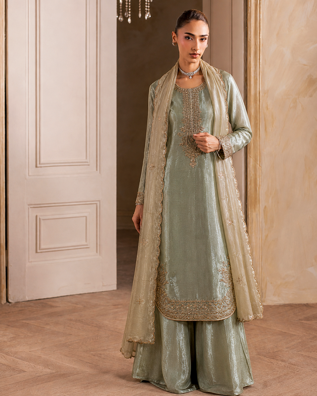 Full length sage green tissue silk 3 piece suit with wide leg sharara and gold embroidered dupatta, ready to wear Pakistani wedding guest outfit