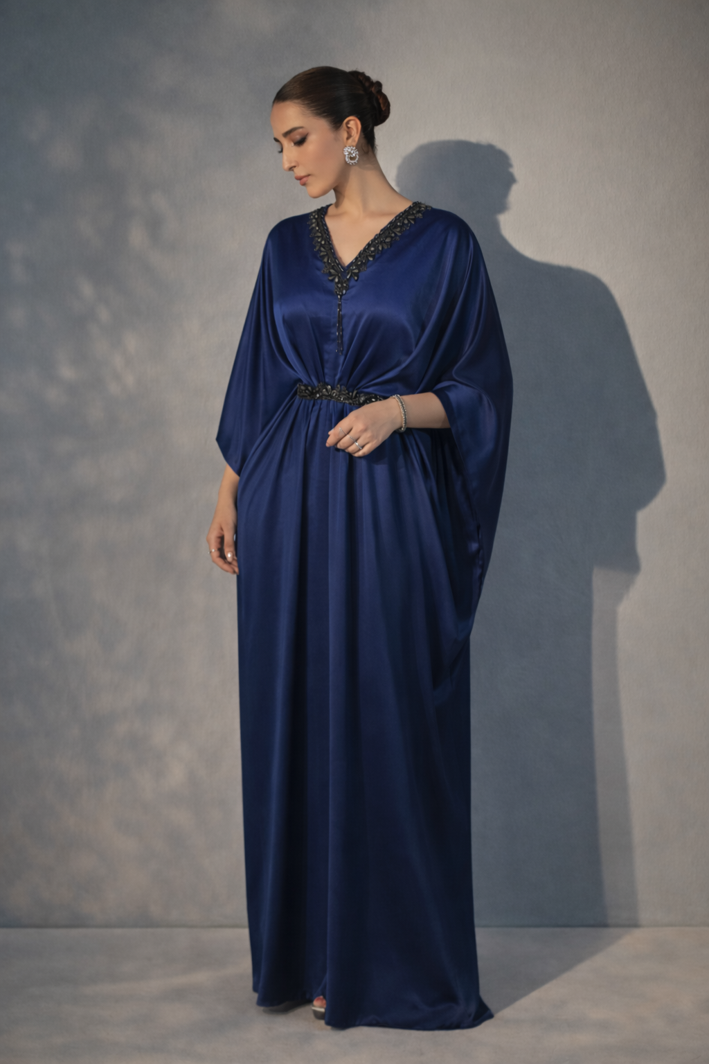 Ariya midnight blue satin kaftan dress, full length