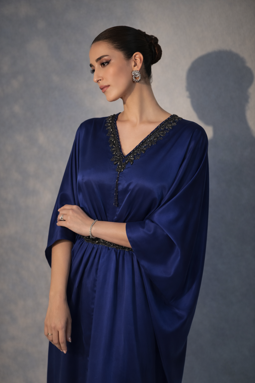 Ariya midnight blue satin kaftan dress, embellished neckline detail
