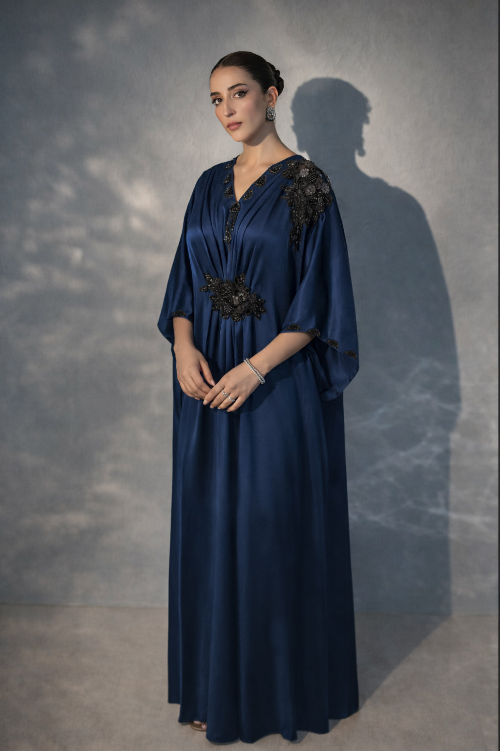 ILARA Ariza midnight navy embellished kaftan dress, front view