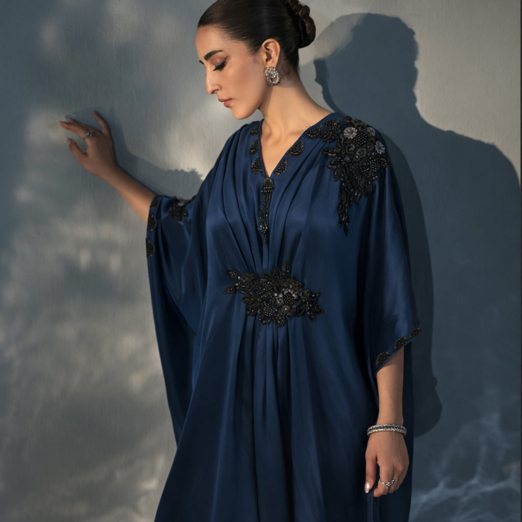 Ariza navy kaftan with embellished neckline, detail