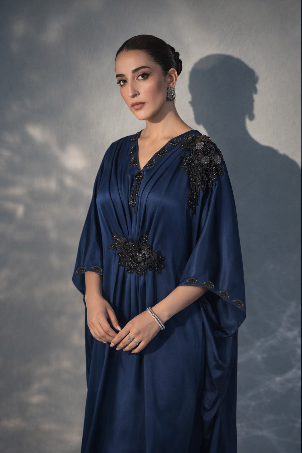 Ariza midnight navy kaftan dress, side view