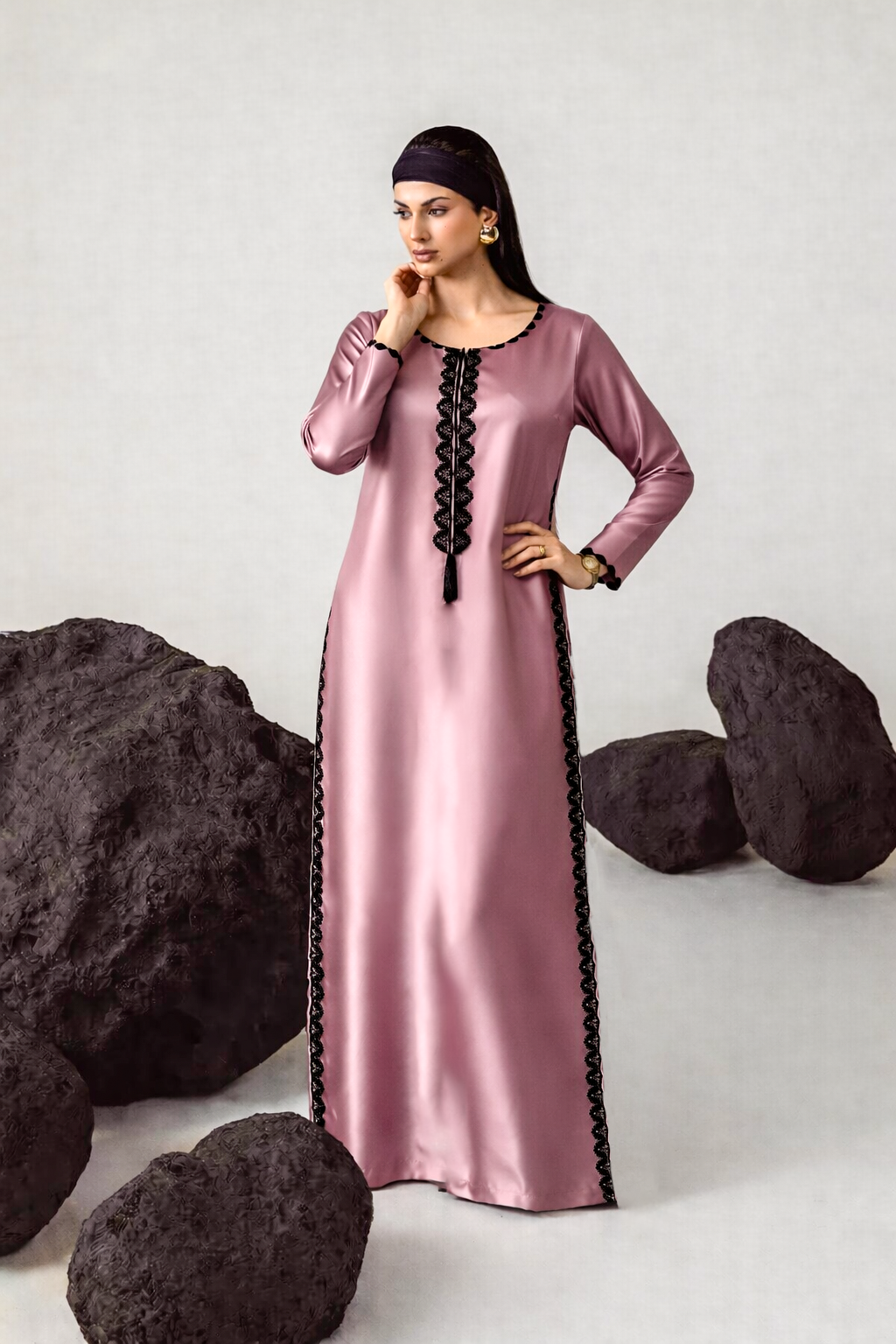 Armelle mauve satin kaftan, black lace detail at neckline