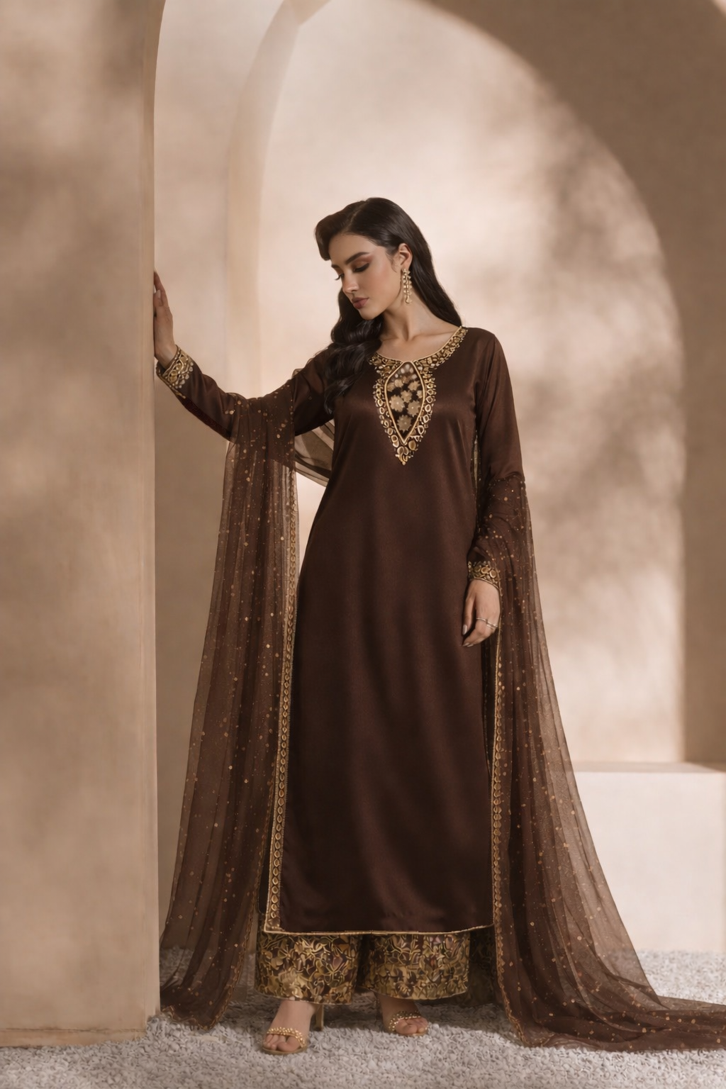 ILARA Armina chocolate brown embroidered kaftan set, front view