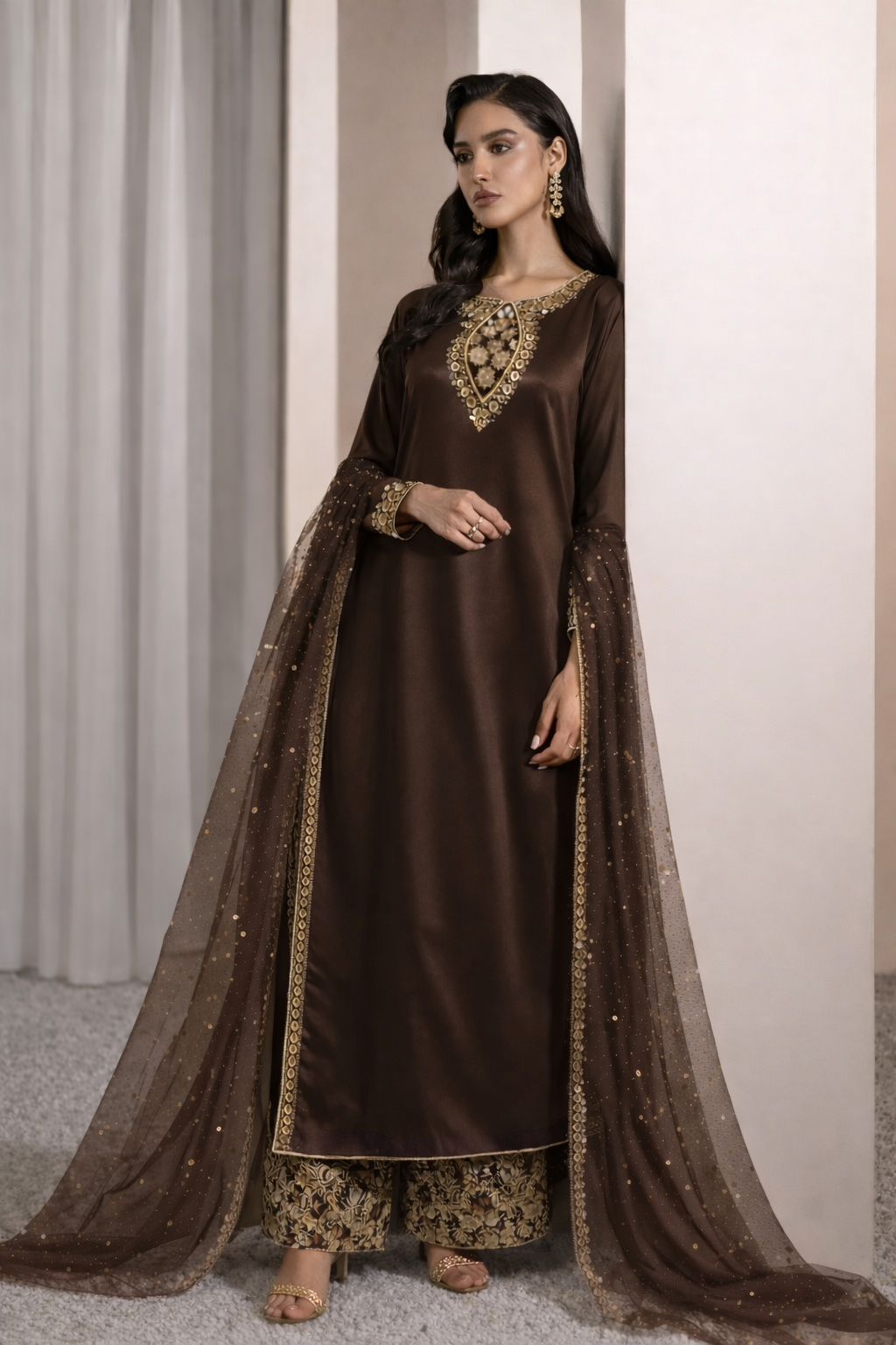 Armina chocolate brown shirt with delicate gold embroidery, detail