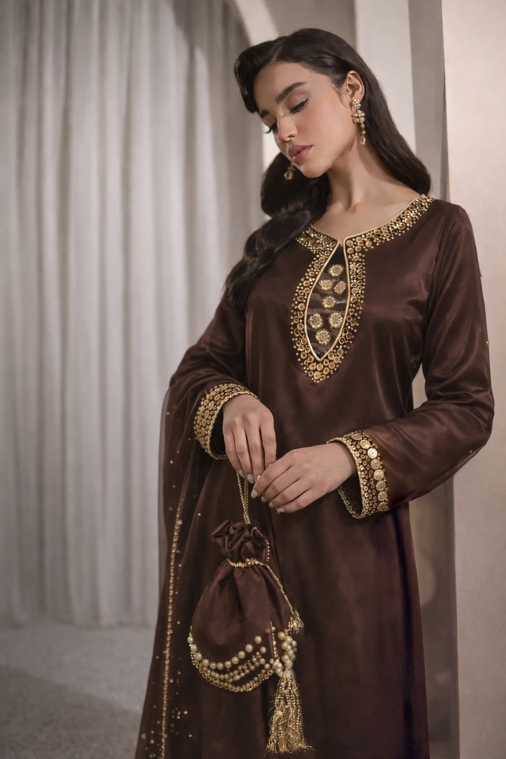 Armina chocolate brown Pakistani kaftan set, back view